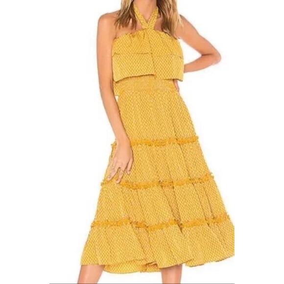 Sandro Paris Halter Tiered Midi Dress S Pom Pom Trim Marigold Block Print - Picture 1 of 8